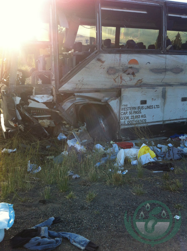 The front of the bus after the Super Vacation bus tour flipped on the Coquihalla Highway in British Columbia